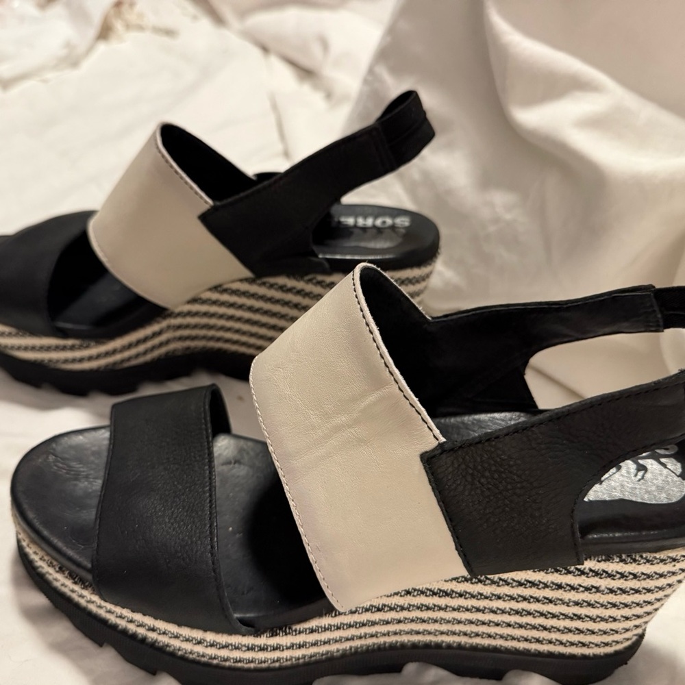 Sorel Black and Cream Wedge Sandals